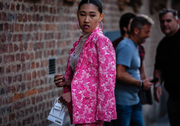 MILAN, Italy- September 20 2019: Jaime Xie on the street during the Milan Fashion Week. - Fotó, kép