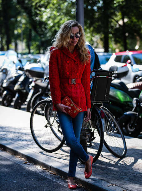 MILAN, Italy- September 21 2019: Micol Sabbadini on the street during the Milan Fashion Week. - Zdjęcie, obraz