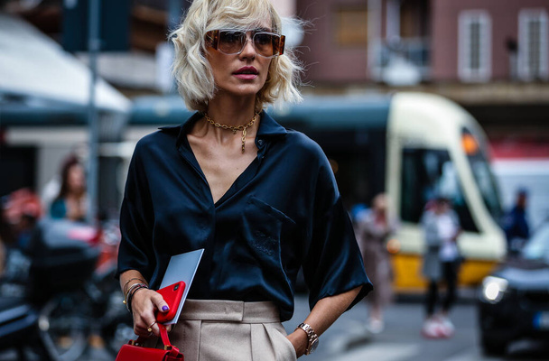 MILAN, Italy- September 19 2019: Viktoria Rader on the street during the Milan Fashion Week. - Фото, зображення
