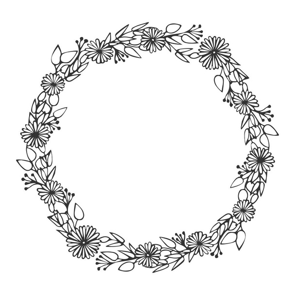 Floral frame. Spring blossom. Vector linear hand drawn illustration. Flowers in circle. Black and white doodle  - Vetor, Imagem