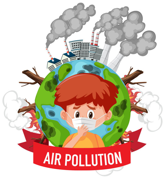 Poster design for stop pollution with boy wearing mask illustration - Vector, Image