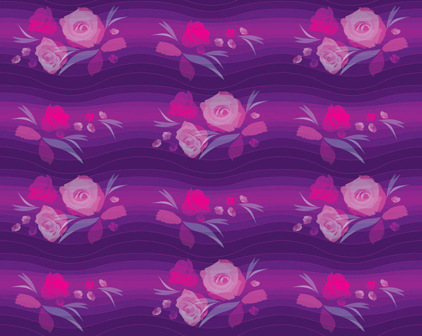 Seamless pattern with blooming roses and leaves on a background of wavy stripes, a gradient from pink to purple. Vector illustration with repeating floral print. - Vektori, kuva