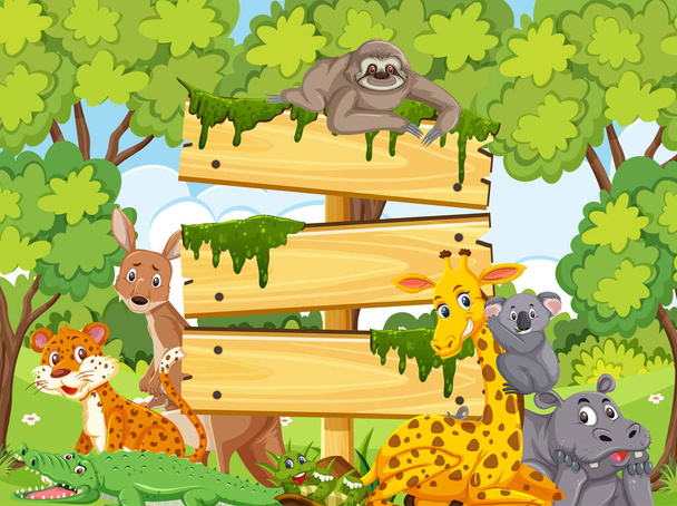 Dřevěný znak šablony s divokými zvířaty v parku ilustrace - Vektor, obrázek