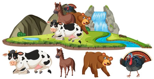 Scène avec de nombreux animaux près de la cascade au jour illustration
 - Vecteur, image