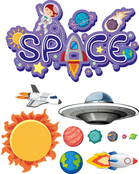 Diseño de etiqueta engomada con tema de espacio en la ilustración de fondo blanco
 - Vector, Imagen