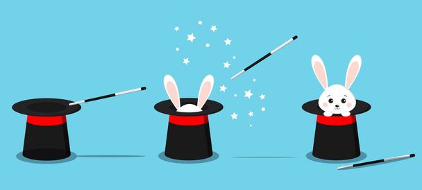 Isolated magician s black hat, magic hat with bunny ears, white rabbit in hat with magic wand in action and stars. Vector flat illustration in cartoon style. - Vector, afbeelding