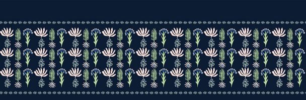 花ベクトルダマスクモチーフ｜バナー背景。ナイーブ種子の花ダークフラワーシームレスなボーダーパターン。クラシックなブルー・インディゴのエレガントなエキゾチックなトロピカル・ブルーム。手描きのテキスタイルリボンエッジトリム。Eps 10 - ベクター画像