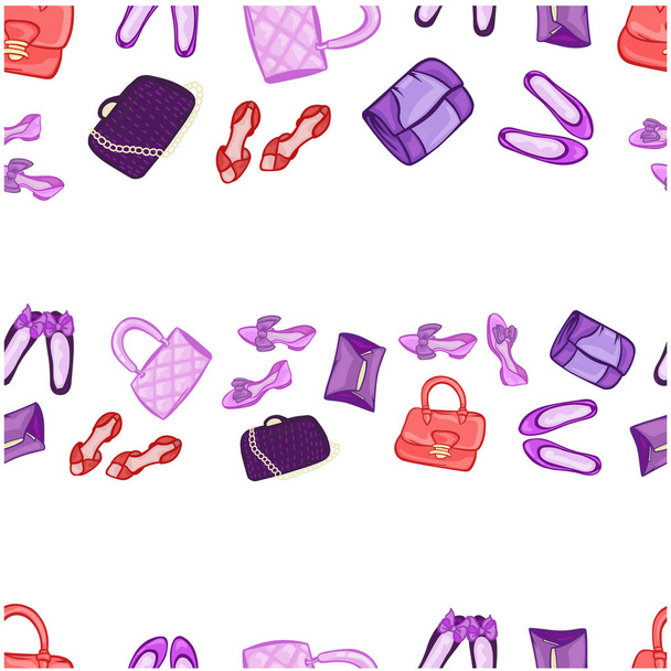 Határ nélküli divat cipő táskák Női elegáns vektor illusztráció Girly Banner Képeslap - Vektor, kép