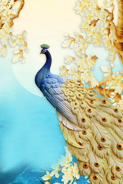 黄金の宝石や花、シンプルな装飾的な木製の壁紙と3D壁画のイラストの背景。孔雀色だ。壁枠での使用に適しています - 写真・画像