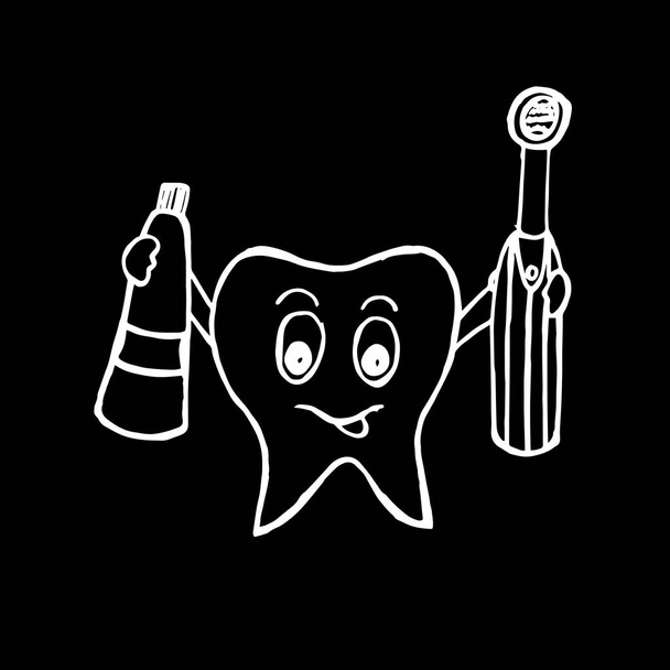 İzole edilmiş siyah bir arkaplanda diş fırçası ve diş macunu ile soyut bir diş çizimi. Kapaklar, afişler, ambalaj kağıtları, giyim baskıları için tasarım. - Fotoğraf, Görsel