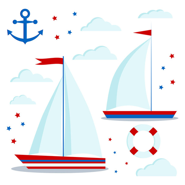Marine-Stil-Ikone Set aus blauen und roten Segelbooten mit einem und zwei Segeln, Wolken, Sternen, Anker, Rettungsring isoliert auf weißem Hintergrund. Vektorflache Cartoon-Illustration. Kinder gestalten Elemente. - Vektor, Bild