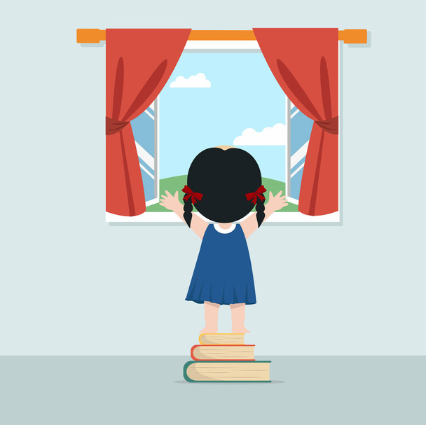 Schattig meisje achteruit met boek en open raam - Vector, afbeelding