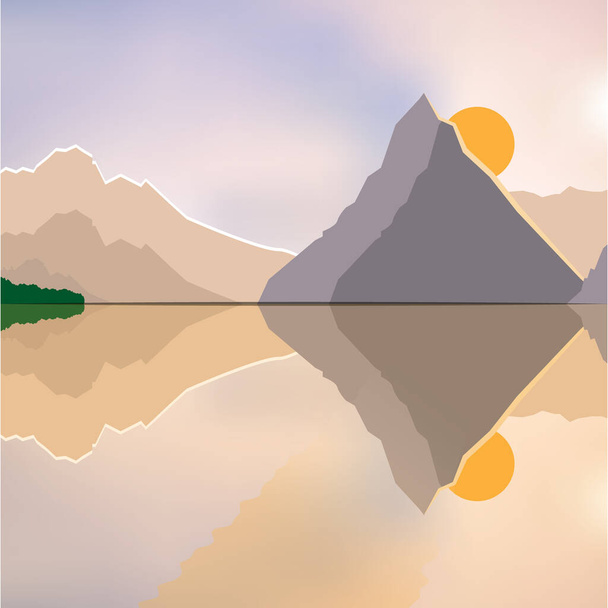 vectorillustratie van een prachtig ontspannen landschap met bergen en de ondergaande zon op een achtergrond van een gradiënt van zachte tinten met reflectie in het water. - Vector, afbeelding