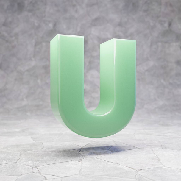 Jade letter U uppercase on rocky backgrond. 3D rendered jade gemstone font. Best for jewelry advertising, anniversary, celebration. - Foto, Imagem