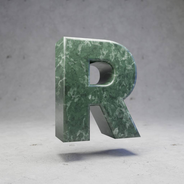 Letra de mármol verde R mayúscula sobre fondo de hormigón. 3d renderizado piedra brillante carácter de fuente
. - Foto, imagen