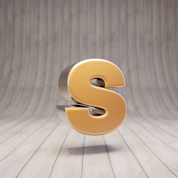 Χρυσό γράμμα S πεζό σε ξύλινο πάτωμα. 3D απόδοση γυαλιστερό χρυσό αλφάβητο χαρακτήρα. - Φωτογραφία, εικόνα