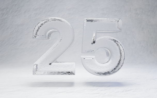 Πάγος νούμερο 25. 3d αποδίδεται αλφάβητο σε λευκό φόντο χιόνι. Best for winter sports banners, cocktail bar, διαφήμιση έκθεσης πάγου. - Φωτογραφία, εικόνα