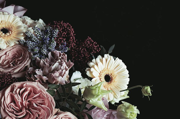 Beautiful bouquet on black background. Floral card design with dark vintage effect - Fotoğraf, Görsel