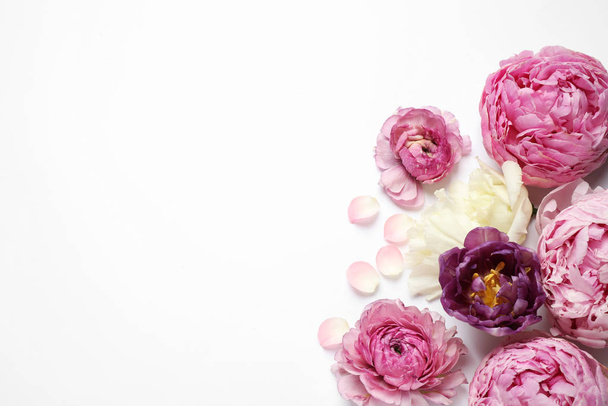 Composition with beautiful flowers on white background, top view. Floral card design - 写真・画像