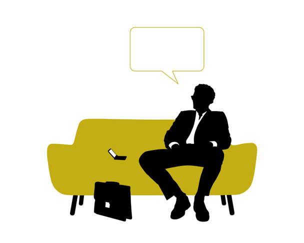 biznesmen siedzi na żółty sofa o odpoczynku i myślenia - Zdjęcie, obraz