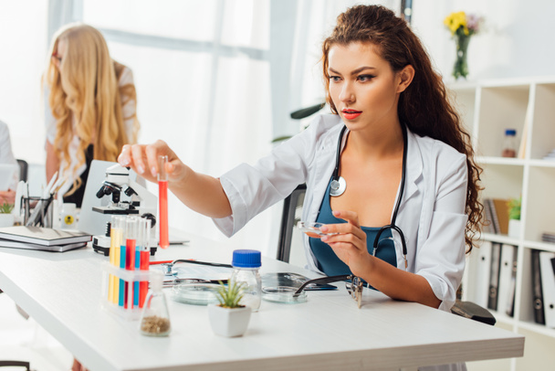 sexy Krankenschwester hält Reagenzglas, während sie neben Frau im weißen Mantel im Labor sitzt  - Foto, Bild
