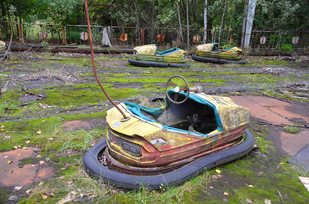 PRIPYAT CHERNOBYL UKRAINE 09 03 17:Bumper cars in Ghost City of Pripyat exclusion Zone of Chernobyl accident dominates the energy of most disastrous nuclear power plant accident in history, - Fotó, kép