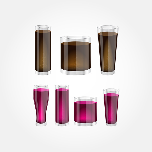 Set of various vector glasses with soda water and cola - Vektor, obrázek