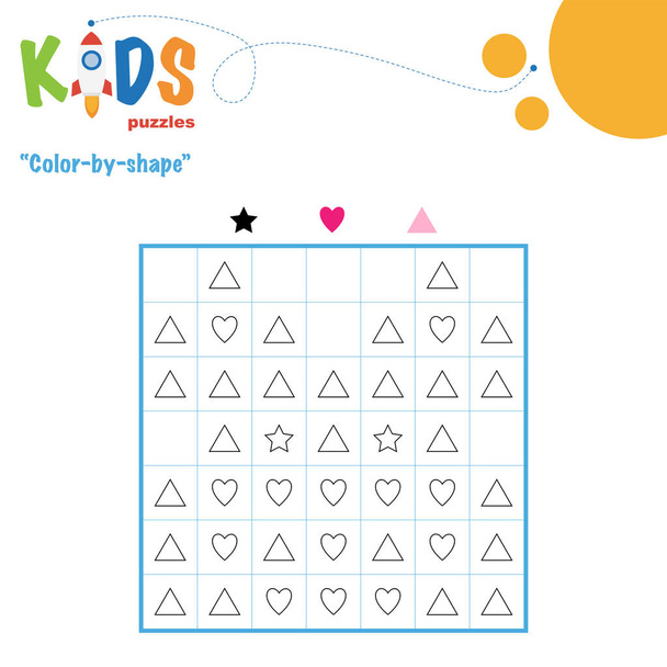 Kolor po kształcie. Matematyczne puzzle pikseli. Łatwy kolorowy arkusz z kształtami, dla dzieci w wieku przedszkolnym, podstawowym i gimnazjalnym. - Wektor, obraz