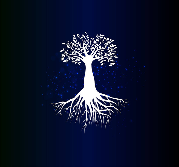 Прекрасний плакат з білим силуетом дерева життя на синьому градієнтному фоні. Символ сімейних цінностей
. - Вектор, зображення