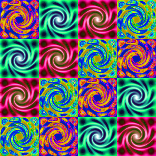 Czerwony i zielony bezszwowy psychodeliczny spiralny wzór fraktalny tło - Zdjęcie, obraz
