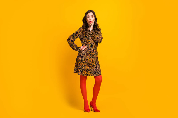Full length body size view of her she nice-looking attractive lovely pretty cheerful amazed wavy-haired girl panic new sale isolated over bright vivid shine vibrant yellow color background - Photo, Image