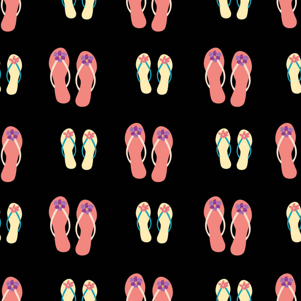 Melko flip floppi kenkä saumaton vektori kuvio tausta. Käsin piirretyt paria tyttömäinen sandaalit koristeltu kukkia Kuuma kesä kuvitus kaikkialla tulostaa trooppinen yö rannalla käsite
 - Vektori, kuva