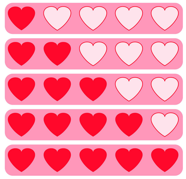 "Seni Seviyorum Beş Kalpli Şablon". Düz basit vektör illüstrasyonunu seviyorum. Sosyal değerlendirme puanları kalp sembollerini sever. Duyguların ölçüsü. Müşteri memnuniyet seviyesi. - Vektör, Görsel