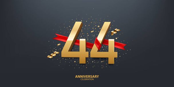 44 год празднования юбилея. 3D Золотое число, обернутое красной лентой и конфетти на чёрном фоне
. - Вектор,изображение