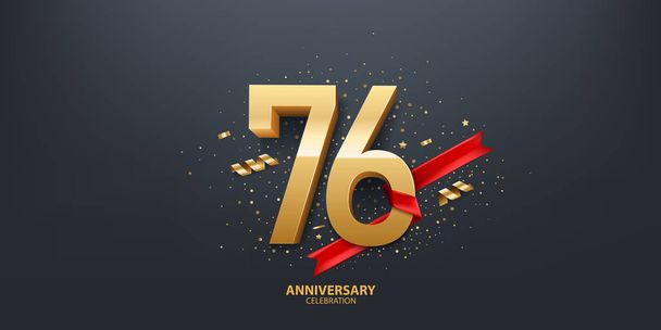 76. výročí oslavy pozadí. 3d Zlaté číslo zabalené s červenou stuhou a konfety na černém pozadí. - Vektor, obrázek