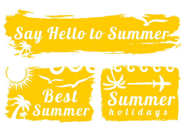 Καλοκαιρινά πανό. Hello Summer Hand Lettering on watercolor grunge element, Summer Time logo Template, Summer Banner Background, Καλοκαιρινές διακοπές, Καλοκαιρινό πάρτι, Απολαύστε το καλοκαίρι, τροπική λιακάδα, διακοπές στην παραλία - Διάνυσμα, εικόνα