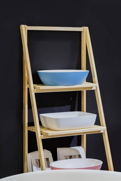 Modern bathroom washbasin. Different types and colors of overhead washbasins. Blue and white washbasin in the form of a bowl. - Fotografie, Obrázek