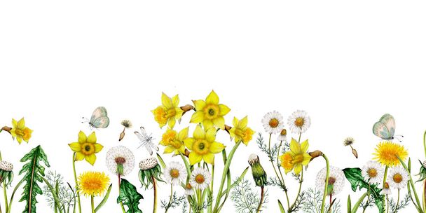 Akvarel bezešvný prapor zahradních divokých květin - Fotografie, Obrázek