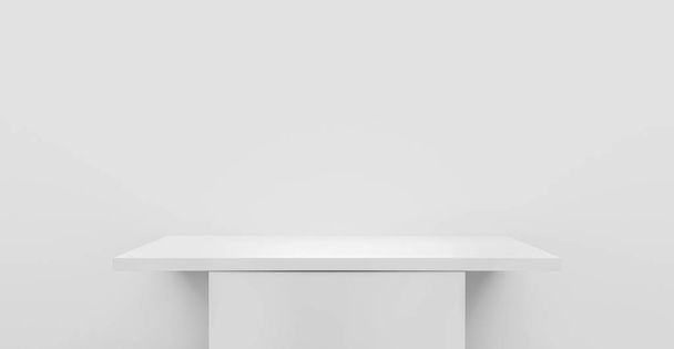 白い壁やモックアップ用の空の台座上の空の棚テーブルの3Dレンダリング、製品のための空白のスタンドと白の最小限の背景に表示 - 写真・画像