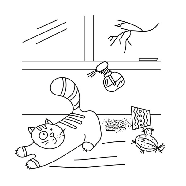 The cat dropped a flower from the windowsill and runs away in a panic from the spray. Funny sketch, in the style of Doodle. Vector isolated image. - Vector, Image