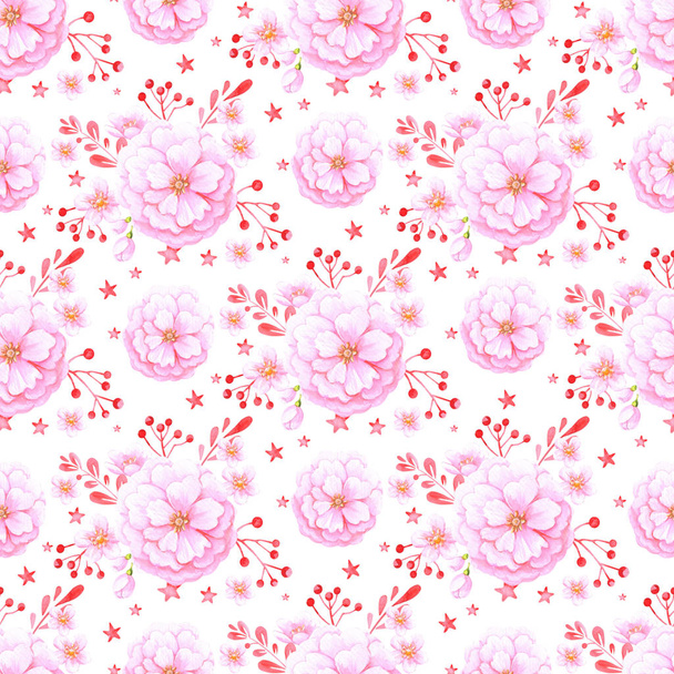 Cute cherry blossom and sakura wallpaper. Seamless watercolor background. Design of fabric for girls - Photo, Image