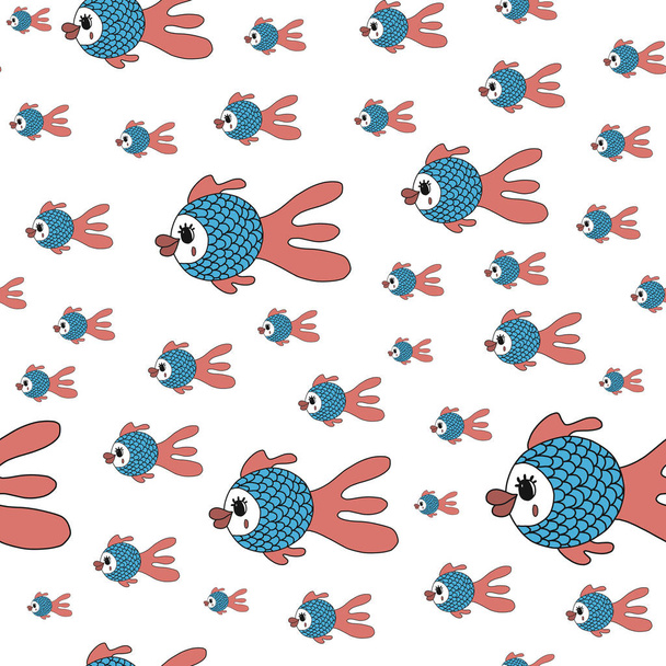 Vector seamless pattern with cute fish.color hand-drawn illustration in the cartoon style on white background.suitable for fabric design, bed linen,t-shirt design, mug design, packaging paper - Vector, imagen