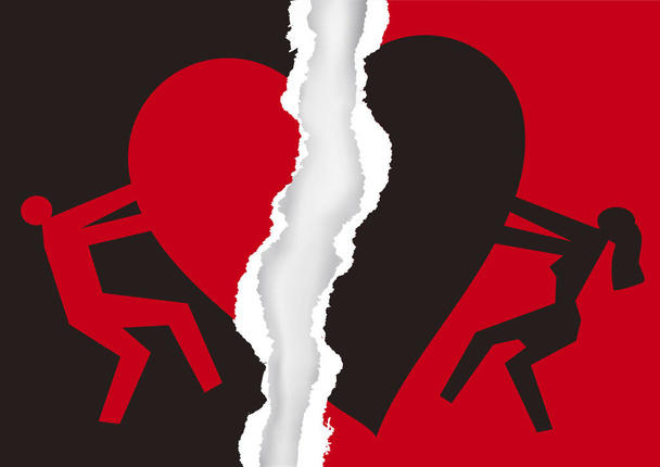 Boşanmış bir çift, kırmızı ve siyah, üzerinde kalp sembolü olan yırtık bir kağıt. Erkek ve kadın siluetleri ve aşkın sonunu simgeleyen kırık kalp ikonu olan yırtık bir kağıt. Kullanılabilir vektör. - Vektör, Görsel