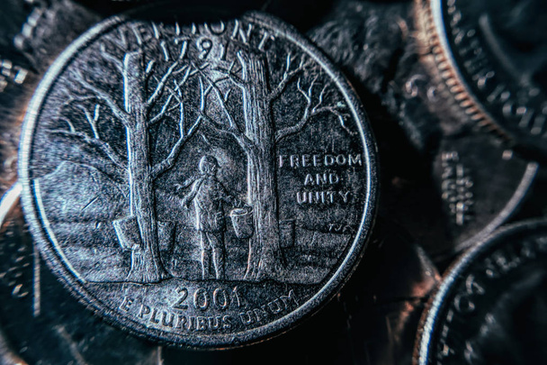 Monedas de plata metálicas de cuarto de metal de dólares estadounidenses con imágenes de diferentes estados en el mosaico de monedas. Efectivo tradicional
 - Foto, Imagen
