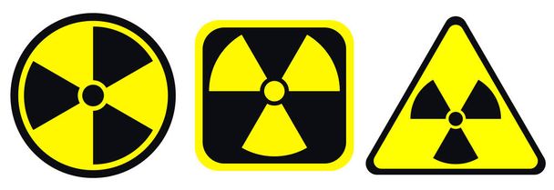 Strahlenwarnschilder in Kreis-, Quadrat- und Dreiecksform. Radioaktivitätswarnvektorsymbol isoliert auf weißem Hintergrund. - Vektor, Bild
