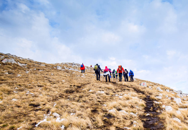 Grande grupo de alpinistas atinge o topo do pico da montanha
 - Foto, Imagem