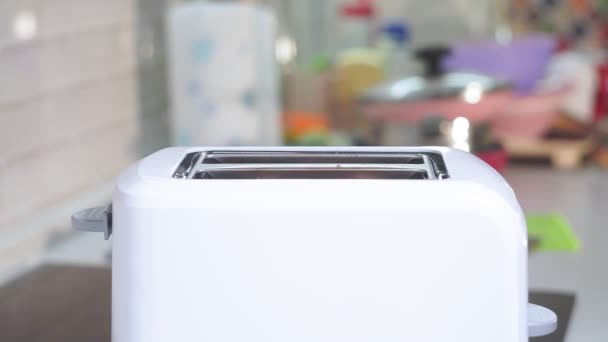 bílý toastový chléb ve dvoupatrovém automatickém elektrickém toustovači. Přípitek na snídani - Záběry, video