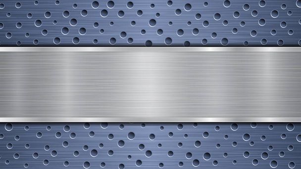 Fondo de superficie metálica perforada azul con agujeros y placa pulida horizontal plateada con textura metálica, reflejos y bordes brillantes
 - Vector, Imagen