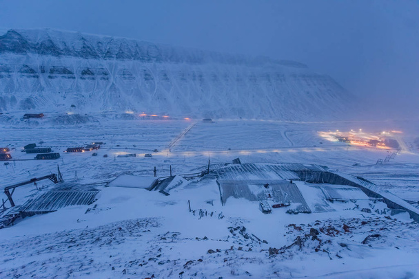  norway landscape ice nature of the city view of Spitsbergen Longyearbyen  Plateau Mountain Svalbard   arctic ocean winter  polar night view from above - Photo, image