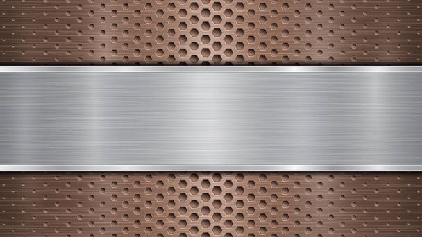 Achtergrond van bronzen geperforeerd metalen oppervlak met gaten en horizontale zilveren gepolijste plaat met een metalen textuur, glans en glanzende randen - Vector, afbeelding